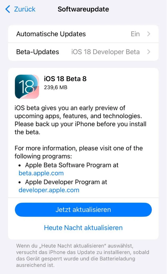 湄潭苹果手机维修分享苹果 iOS / iPadOS 18 开发者预览版 Beta 8 发布 